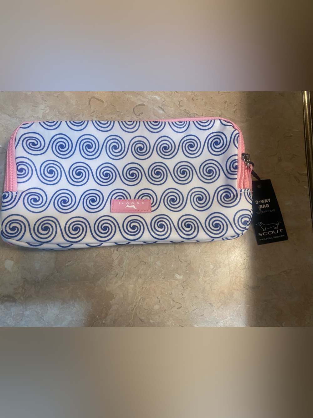 Scout White Cosmetic Pouch with Blue Spiral Print and Pink Trim